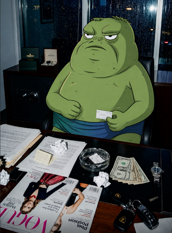 BABA sitting at a desk covered in papers, cash and car keys